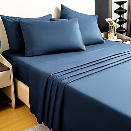 Overket Queen Sheet Set Ultra Soft Queen Bed Sheets 1800 Series Luxury Cooling Sheets-100% Microfiber-Breathable-Wrinkle Free - Queen Size（Navy） -6Pc #TOP30