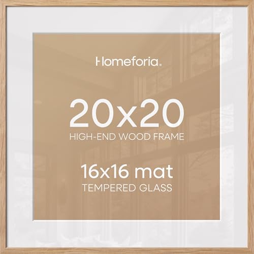 Image of Homeforia 20x20 Wood Picture Frame, High End Natural Oak 20 x 20 Square Light Wooden Frames with Mat 16 by 16 inch Photo, 20by20 Poster Frames Matted to 16x16 Print, Tempered Glass, Wall Kit, Set of 1