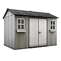 Keter Oakland 11x7.5 Ft All-Weather Storage Shed with Skylight, Windows, Built-in Ventilation, Customizable Walls, & Lockable Double Doors, Grey