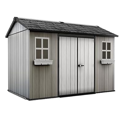 Keter Oakland 11x7.5 Ft All-Weather Storage Shed with Skylight, Windows, Built-in Ventilation, Customizable Walls, & Lockable Double Doors, Grey