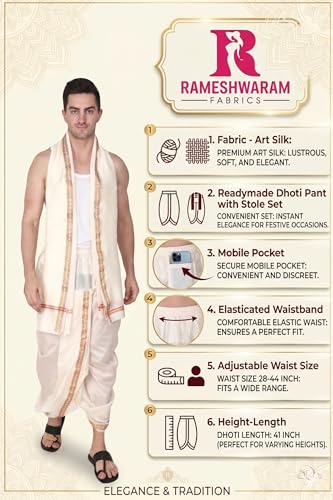 Image of Rameshwaram Fabrics Mens Ready to Wear Silk Dhoti with Angwastra Set - Pocket Dhothi
