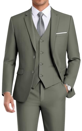 WEEN CHARM Suits for Men,3 Piece Slim Fit Suit Set with 2-Button Blazer,Vest,Pants,Tuxedo for Wedding,Prom,Party,Business Olive Green