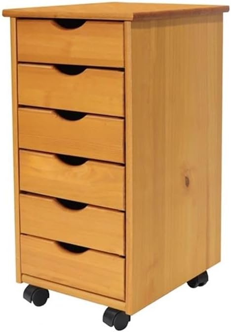 Pemberly Row Modern Solid Wood 6-Drawer Roll Utility Cart, Med Pine Finish, 15.25 x 13.25 x 25.75 in, Compact Mobile Storage with Casters, Removable Drawers, Home Office or Craft Room Organization