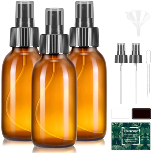 3 Pack Glass Spray Bottles, 4 oz (125ml) Small Glass Spray Bottle for Hair Empty Refillable Sprayer Container with Black Top, Labels, Funnel, Lids, Pipettes Travel Pocket Size