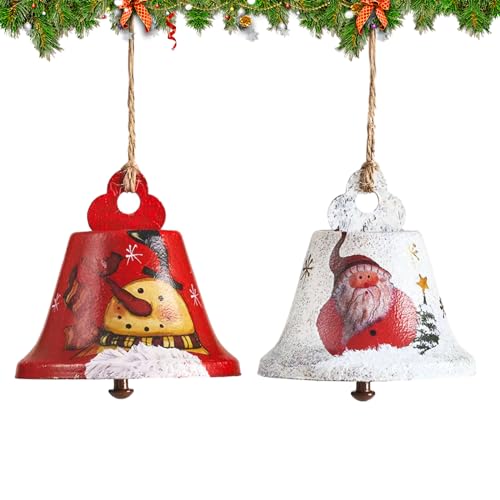 Mataura Christmas Bells, Medium Metal Decorative Jingle Bells with Hanging Rope, Painted Snowman and Santa Claus Decorative for Xmas Christmas Tree,Wreath,Window,Mante,etc.(2-Pack)