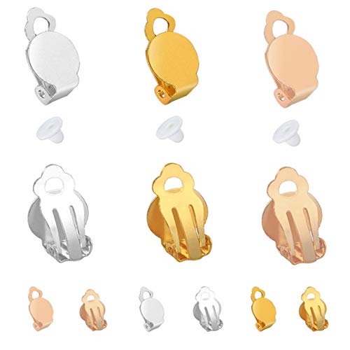 48PCS Round Flat Back Tray Earring Clips Earring Setting Components in 3 Colors with 48PCS Earring Pads for DIY Favorite Earring Jewelry