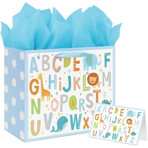 13" Large Baby Boy Gift Bag with Tissue Paper and Greeting Card for Baby Shower Birthday (ABC Alphabet Animal) Cover