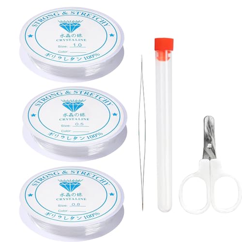 Fil Élastique Résistant pour Bracelet - 3 Rouleaux Transparent 0.5mm 0.8mm 1mm en Nylon - Avec Ciseaux et Aiguille à Perles pour Fabrication de Bijoux