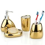 MyGift 4 Pcs Gold Bathroom Accessories Set with Toothbrush Holder, Soap Dispenser, Tumbler and Soap Dish, Bathroom Organizer Accessory for Modern Home Decor, Complete Ceramic