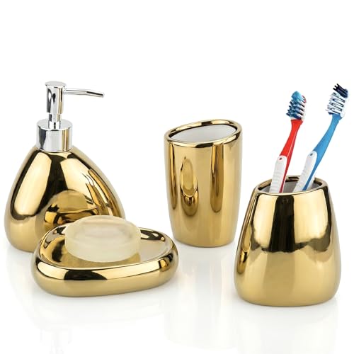 MyGift 4 Pcs Gold Bathroom Accessories Set with Toothbrush Holder, Soap Dispenser, Tumbler and Soap Dish, Bathroom Organizer Accessory for Modern Home Decor, Complete Ceramic