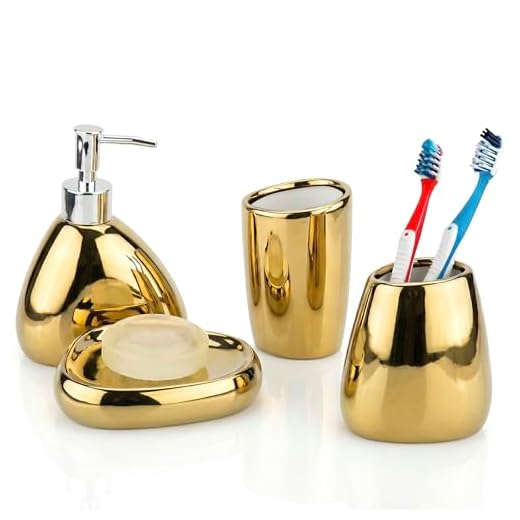 MyGift 4 Piece Modern Gold Ceramic Bathroom Accessory Set with Soap Dispenser, Tumbler, Toothbrush Holder & Soap Dish