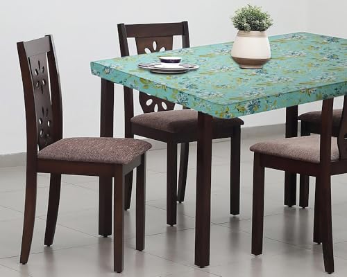 Image of The Furnishing Tree Elastic Cotton Square Dining Table Cover 44x44 in Inches Floral Golden Leaf on Blue Base