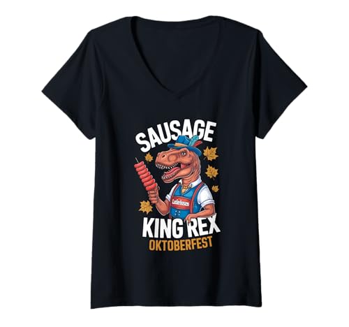 Femme Drôle Oktoberfest Dinosaure T-Rex Bratwurst King Rex T-Shirt avec Col en V