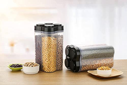 Image of Kitchenwell Multi-Purpose Airtight Transparent Plastic Lock Food Storage 4 Section Container Jar for Grocery, Fridge Container (Pack of 4, 2500ML -Black)