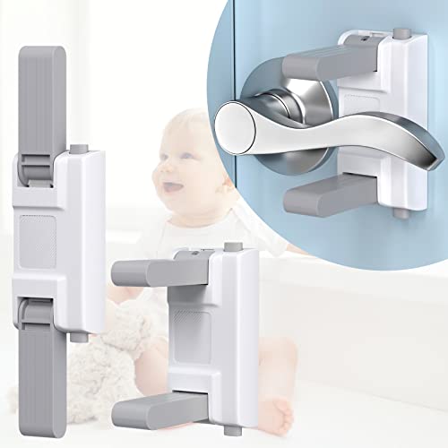 Door Lever Lock AOSITE 4 Pack Child Proofing Door Handle Lock Self Adhesive Child Safety Lever Lock Without Drilling Pet Proof Door Safety Lock Child Lock for Bedroom, 2 Pack Rubber Handle Protector