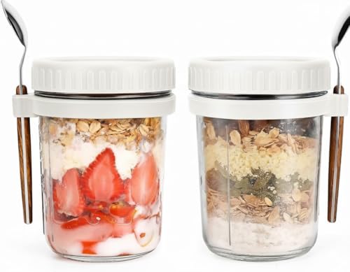Red Dot Gift Overnight Oats Jars with Spoon and Lid Airtight Oatmeal Container with Measurement Marks Mason Jars with Lid for Cereal on the Go Container. (White - 2)