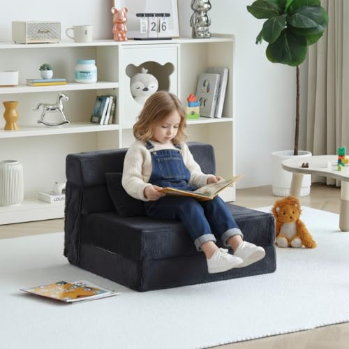 Image of Tiita Convertible Folding Kids Sofa Bed with Pillow & Storage Bag, Plush Fabric Floor Mattress Couch Bed, Washable Cover, Kids Room, Playroom, Dorm, Apartment, Navy