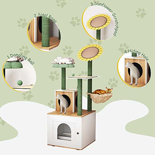 Dnbss Cat Litter Box Enclosure With Cat Tree, 2-In-1 Hidden Cat Washroom With Cat Condo, Wooden Cat Litter Box Enclosure Furniture With Cat Tower, Sisal Scratching Post And Plush Perch, White #TOP5