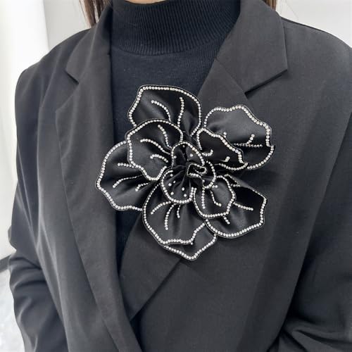 Fabric Rhinestone Flower Big Brooch Lapel Pins for Women Elegant Crystal Floral Brooches Pin for Dresses Suit Accessories Jewelry Boutonniere Corsage Wedding Party 5.5in (Black)