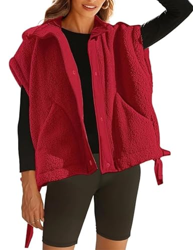 OPCAKM Women's Fuzzy Fleece Vest Sleeveless Sherpa Jacket(Red-L)