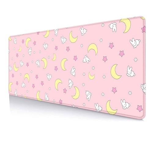 IMAYONDIA Pink Kawaii Desk Pad, Cute Moon Bunny Desk Mat Computer Pad Desktop,Laptop Protector Aesthetic Anime Mousepad Writing Pad for Office Home School,Large Gaming Mouse Pad Tarot Mat,31.5 X 11.8