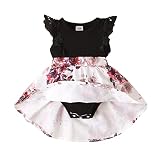 OPAWO Newborn Infant Baby Girls Romper Dress Ribbed Flutter Lace Shoulder Dresses Floral Skirt Summe