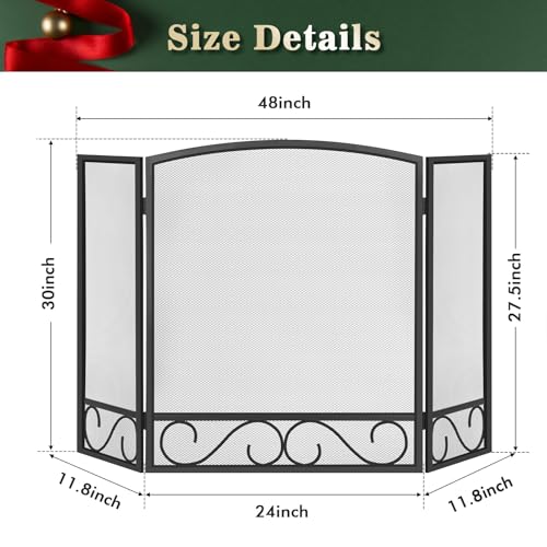 FEED GARDEN 3 Panel Fireplace Screen Wrought Iron 48\" W x 29\" H Foldable Heavy Duty Fire Spark Guard Cover with Metal Decorative Mesh for Living Room, Home Decor Indoor, Black - Thumbnail 2