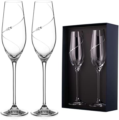 DIAMANTE Swarovski Champagne Flutes Prosecco Glasses Pair with Silhouette Hand Cut Design Embellished with Swarovski Crystals