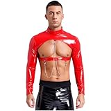 Jhaoyu Mens Patent Leather Crop Top Back Zipper Long Sleeve Mankini Half Tops for Nightclub Party Red 3X-Large