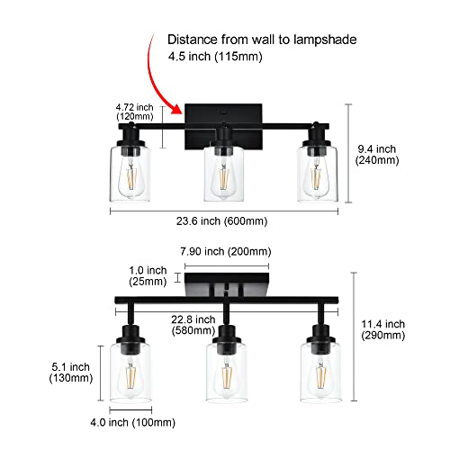 Melucee 3 Light Bathroom Vanity Light Black Track Lighting Fixtures Ceiling, Vanity Lighting Fixtures With Rotatable Track Head For Hallway Porch Foyer Bath Storage, Clear Glass Shade #TOP2