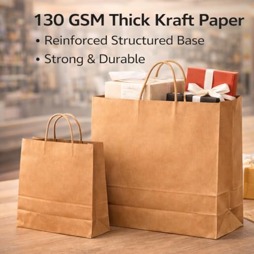 excvalues Kraft Ultra Wide Large Paper Bags 14x10x15.75 50Pcs Brown Paper Gift Bags with Handles Thick Grocery Bags Reinforced Bottom Bulk Food Packing Shopping Catering Bags