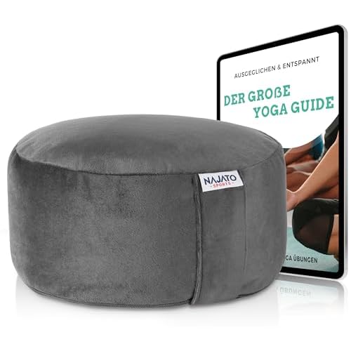 NAJATO Sports Yogakissen – Meditationskissen inkl. E-Book (PDF Datei) – Rundes Yoga Kissen mit Buchweizenschalen-Füllung – 30 cm Durchmesser, 14 cm hoch – Waschbarer Bezug aus Samt