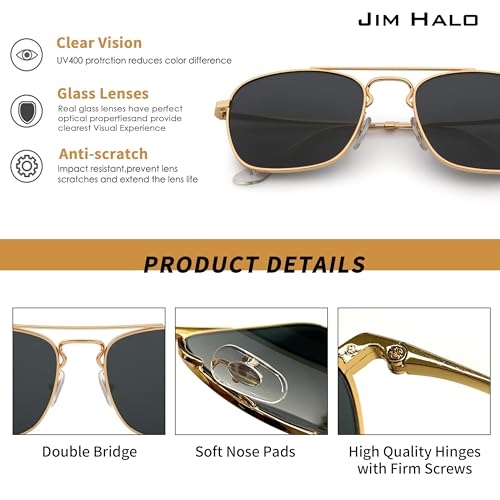 Image of JIM HALO Retro Square Aviator Sunglasses Premium Glass Lens Flat Metal Eyewear Men Women