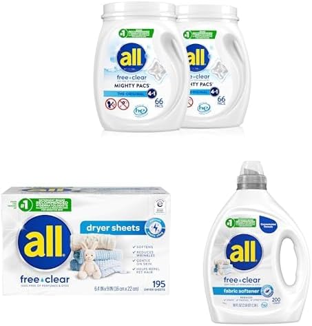 Bundle of all® Free Clear for Sensitive Skin; Unit Dose Mighty Pacs Laundry Detergent 132ct, Fabric Softener 80z., and Dryer Sheets 195ct