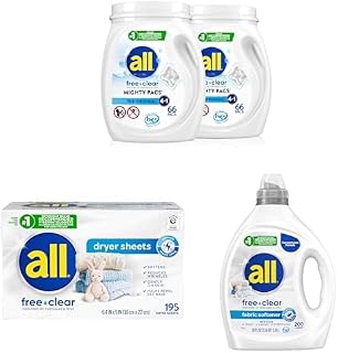 Bundle of all® Free Clear for Sensitive Skin; Unit Dose Mighty Pacs Laundry Detergent 132ct, Fabric Softener 80z., and Dryer Sheets 195ct