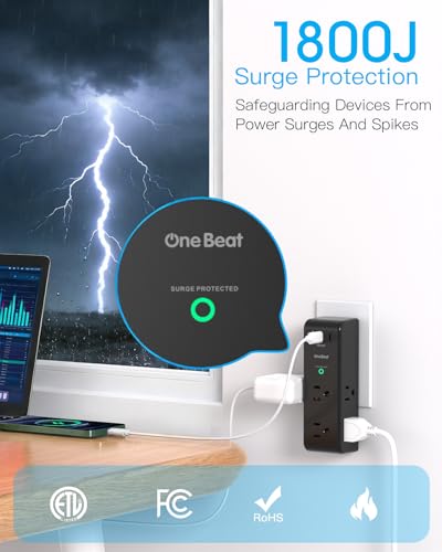 Image of Surge Protector Outlet Extender with Rotating Plug, 6 AC Multi Plug Outlet with 3 USB Ports (2 USB C), 1800J Wall Charger Swivel Power Adapter with Spaced Outlet Splitter for Home Office Dorm, Black
