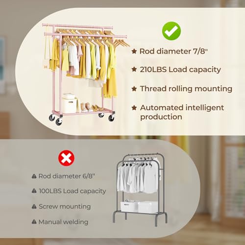 Double Rods Clothes Rack, Sturdy Rolling Clothing Rack, Portable Clothing Racks for Hanging Clothes - Metal Garment Rack Wardrobe Coat Rack for Bedroom Laundry Living Room, Pink