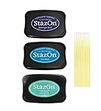 StazOn Multi-Surface Solvent Ink Pad Bundle - 3 Pk StazOn Solvent Ink Pads - Midnight Blue, Teal Blue, Caribbean Green - with Trebbies Detail Sticks