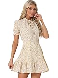 Allegra K Women's Ruffle Dress 2023 Summer Chiffon Tie Neck Puff Short Sleeve Floral Smock Dress Large Apricot White