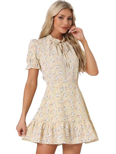 Image of Allegra K Womens Floral Chiffon Mini Dress Ruffle Hem Puff Short Sleeve