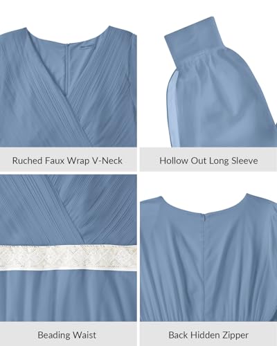 Image of Pinup Fashion Plus Formal Evening Bridesmaid Wedding Guest Fall Long Dress | Chifffon, ruched faux wrap v neck, hollow out long sleeve with buttoned cuffs, beading waist, evening, formal wedding guest