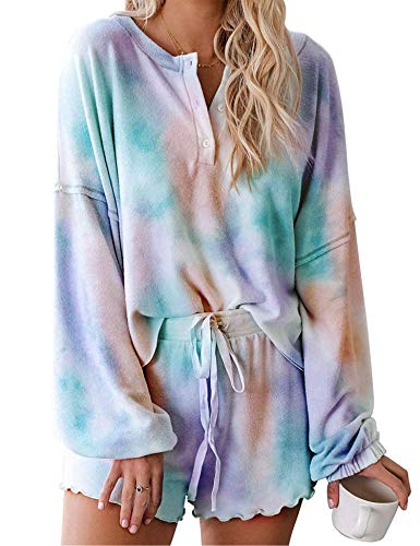 Womens Tie Dye Printed Ruffle Boxy Pajamas Set 2 Piece Summer Cotton Long Sleeve Tops and Shorts Shortie PJ Set Nightwear Sleepwear Lounge Wear Blue and Orange S