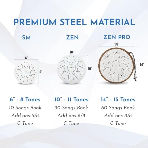 The Balmy Drum - 11 Note 10 Inch Steel Tongue Drum, Steel Drum Instrument, Drums For Children and Adults, Balmy Drum Set for Kids with Music Book, Handpan, Mallet and Carry Bag (White)