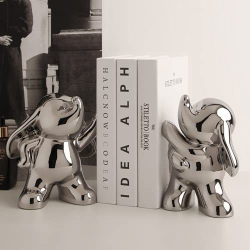 Linxia 2 Pcs Dumbo Elephant Bookends Decorative Book Ends For Shelves Ceramic Animal Figurine Stands Organizer Heavy Duty To Hold Books Silver-Plated Elephant Home Decor #TOP3