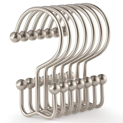 Goowin Shower Curtain Hooks, 12 Pcs Shower Curtain Rings, Durable Shower Curtain Rings Rust Proof, Double Glide Shower Rings for Curtain, Simple Shower Hooks for Shower Curtain & Liner, Matte Nickel
