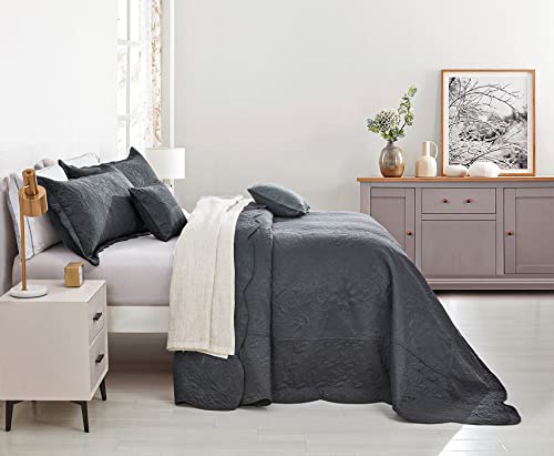 Blythease Oversized King Bedspread Dark Grey 128X120 Extra Wide, Ultrasonic Lightweight Bedding Cover, Paisley Pattern, Reversible, 5 Piece, 100% Microfiber, King/Cal King, Dark Grey #TOP2