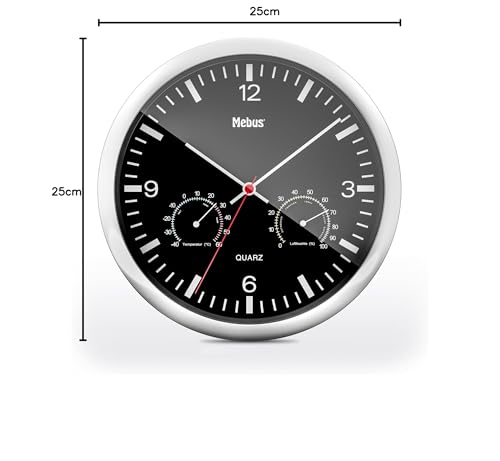 MEBUS Quarz-Wanduhr mit Thermometer und Hygrometer/silberner Rahmen/schwarzes Zifferblatt / 25cm Durchmesser/Rund/Modell: 56731 / Farbe: Silber, Schwarz