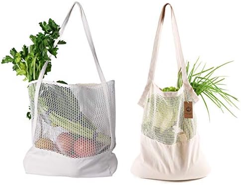 Long Handle Beige and White Netting Reusable Grocery Bags,Washable Cotton Mesh Stretchy Bags Shopping Bags Knit Bags Market Bags Carrying Fruit ,Vegetables,Beach,School