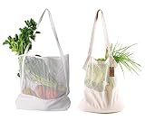 Long Handle Beige and White Netting Reusable Grocery Bags,Washable Cotton Mesh Stretchy Bags Shoppin