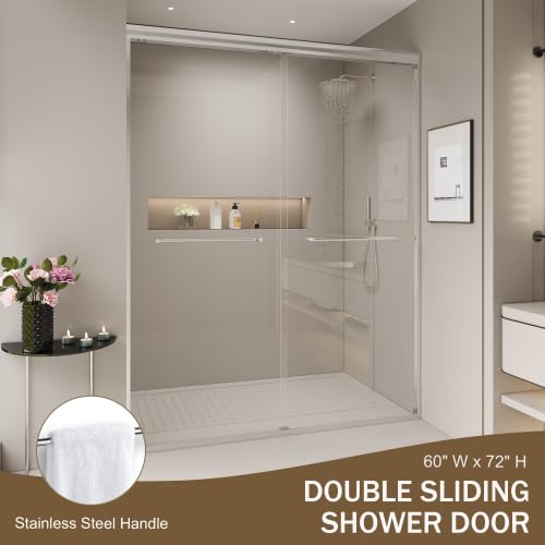 56-60 in. W x 72 in. H Double Sliding Shower Door, Semi-Frameless Bypass Bathroom Sliding Door with 1/4\" (6mm) Tempered Glass for Walk-in Shower (Chrome, 60\" W x 72\" H)